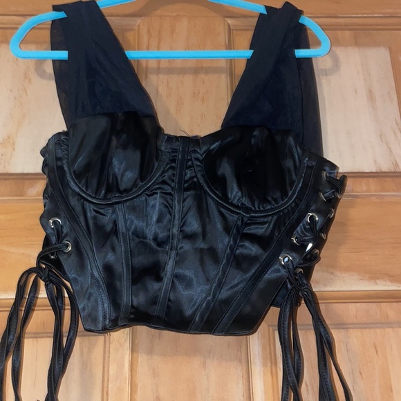 Black Satin Bustier Mesh Sleeve - Picture 3 of 4